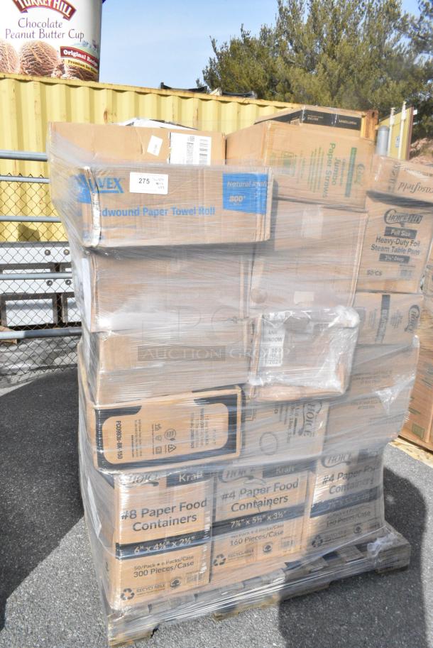 35 BRAND NEW! Boxes Including 5001RT800N Lavex 8" Natural Kraft Hardwound Paper Towel, 800 Feet / Roll - 6/Case, 500L1020B Choice Black Hot Paper Cup Travel Lid for 10-24 oz. Standard Cups and 8 oz. Squat Cups - 1000/Case, 128HD8COMBO Choice Heavy Duty 8 oz. Microwavable Translucent Plastic Deli Container and Lid Combo Pack - 240/Case, 485UPJ7BK EcoChoice 7 3/4" Black Jumbo Unwrapped Paper Straw - 4800/Case, 612605070HD Choice Full Size Heavy-Duty Foil Steam Table Pan Deep 3 3/8" Depth - 50/Case, 795PTOKFT4 Choice Kraft Microwavable Folded Paper #4 Take-Out Container 7 3/4" x 5 1/2" x 3 1/2" - 160/Case, 795KFT32RNPE Choice 32 oz. Round Kraft PE-Lined Microwavable Take-Out Container 5 15/16" x 3" - 300/Case, 966UPWIDEB OneUp by Choice White 2-Ply Wide Interfold 6 1/2" x 8 1/2" Dispenser Napkin - 6000/Case, 433NHT309 Choice 1/6 Standard Size Clear Unprinted Standard-Duty Plastic T-Shirt Bag - 1000/Case, 2 Box 130TRAY16 Visions Black PET Plastic 16" Thermoform Catering / Deli Tray - 25/Case, 347RP10WHSS Visions Wave 10" White Plastic Plate - 144/Case. 35 Times Your Bid! - Image 1 of 19