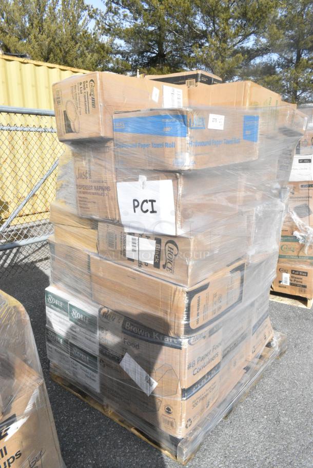 35 BRAND NEW! Boxes Including 5001RT800N Lavex 8" Natural Kraft Hardwound Paper Towel, 800 Feet / Roll - 6/Case, 500L1020B Choice Black Hot Paper Cup Travel Lid for 10-24 oz. Standard Cups and 8 oz. Squat Cups - 1000/Case, 128HD8COMBO Choice Heavy Duty 8 oz. Microwavable Translucent Plastic Deli Container and Lid Combo Pack - 240/Case, 485UPJ7BK EcoChoice 7 3/4" Black Jumbo Unwrapped Paper Straw - 4800/Case, 612605070HD Choice Full Size Heavy-Duty Foil Steam Table Pan Deep 3 3/8" Depth - 50/Case, 795PTOKFT4 Choice Kraft Microwavable Folded Paper #4 Take-Out Container 7 3/4" x 5 1/2" x 3 1/2" - 160/Case, 795KFT32RNPE Choice 32 oz. Round Kraft PE-Lined Microwavable Take-Out Container 5 15/16" x 3" - 300/Case, 966UPWIDEB OneUp by Choice White 2-Ply Wide Interfold 6 1/2" x 8 1/2" Dispenser Napkin - 6000/Case, 433NHT309 Choice 1/6 Standard Size Clear Unprinted Standard-Duty Plastic T-Shirt Bag - 1000/Case, 2 Box 130TRAY16 Visions Black PET Plastic 16" Thermoform Catering / Deli Tray - 25/Case, 347RP10WHSS Visions Wave 10" White Plastic Plate - 144/Case. 35 Times Your Bid! - Image 2 of 19
