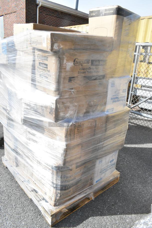 35 BRAND NEW! Boxes Including 5001RT800N Lavex 8" Natural Kraft Hardwound Paper Towel, 800 Feet / Roll - 6/Case, 500L1020B Choice Black Hot Paper Cup Travel Lid for 10-24 oz. Standard Cups and 8 oz. Squat Cups - 1000/Case, 128HD8COMBO Choice Heavy Duty 8 oz. Microwavable Translucent Plastic Deli Container and Lid Combo Pack - 240/Case, 485UPJ7BK EcoChoice 7 3/4" Black Jumbo Unwrapped Paper Straw - 4800/Case, 612605070HD Choice Full Size Heavy-Duty Foil Steam Table Pan Deep 3 3/8" Depth - 50/Case, 795PTOKFT4 Choice Kraft Microwavable Folded Paper #4 Take-Out Container 7 3/4" x 5 1/2" x 3 1/2" - 160/Case, 795KFT32RNPE Choice 32 oz. Round Kraft PE-Lined Microwavable Take-Out Container 5 15/16" x 3" - 300/Case, 966UPWIDEB OneUp by Choice White 2-Ply Wide Interfold 6 1/2" x 8 1/2" Dispenser Napkin - 6000/Case, 433NHT309 Choice 1/6 Standard Size Clear Unprinted Standard-Duty Plastic T-Shirt Bag - 1000/Case, 2 Box 130TRAY16 Visions Black PET Plastic 16" Thermoform Catering / Deli Tray - 25/Case, 347RP10WHSS Visions Wave 10" White Plastic Plate - 144/Case. 35 Times Your Bid! - Image 3 of 19