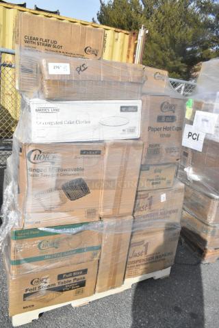 28 BRAND NEW! Boxes Including 245CCGR12BL Baker's Lane 12" White Corrugated Grease-Resistant Cake Circle - 100/Case, 5008W Choice 8 oz. Tall White Poly Paper Hot Cup - 1000/Case, 500TO883 Choice 8" x 8" x 3" Microwaveable 1-Compartment Black / Clear Plastic Hinged Container - 100/Case, 433W6BGC Choice 6 lb. White Paper Bag - 500/Case, 612FS1116 Choice Full Size Foil Steam Table Pan Shallow 1 11/16" Depth - 50/Case, 128HD12COMBO Choice Heavy Duty 12 oz. Microwavable Translucent Plastic Deli Container and Lid Combo Pack - 240/Case, Dart 90HTPF1R White Foam Square Take Out Container with Hinged Lid 9" x 9" x 3" - 200/Case. 28 Times Your Bid!