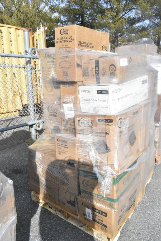 28 BRAND NEW! Boxes Including 245CCGR12BL Baker's Lane 12" White Corrugated Grease-Resistant Cake Circle - 100/Case, 5008W Choice 8 oz. Tall White Poly Paper Hot Cup - 1000/Case, 500TO883 Choice 8" x 8" x 3" Microwaveable 1-Compartment Black / Clear Plastic Hinged Container - 100/Case, 433W6BGC Choice 6 lb. White Paper Bag - 500/Case, 612FS1116 Choice Full Size Foil Steam Table Pan Shallow 1 11/16" Depth - 50/Case, 128HD12COMBO Choice Heavy Duty 12 oz. Microwavable Translucent Plastic Deli Container and Lid Combo Pack - 240/Case, Dart 90HTPF1R White Foam Square Take Out Container with Hinged Lid 9" x 9" x 3" - 200/Case. 28 Times Your Bid! - Image 2 of 13