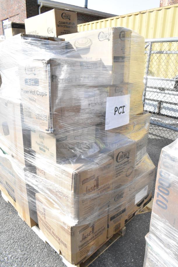 28 BRAND NEW! Boxes Including 245CCGR12BL Baker's Lane 12" White Corrugated Grease-Resistant Cake Circle - 100/Case, 5008W Choice 8 oz. Tall White Poly Paper Hot Cup - 1000/Case, 500TO883 Choice 8" x 8" x 3" Microwaveable 1-Compartment Black / Clear Plastic Hinged Container - 100/Case, 433W6BGC Choice 6 lb. White Paper Bag - 500/Case, 612FS1116 Choice Full Size Foil Steam Table Pan Shallow 1 11/16" Depth - 50/Case, 128HD12COMBO Choice Heavy Duty 12 oz. Microwavable Translucent Plastic Deli Container and Lid Combo Pack - 240/Case, Dart 90HTPF1R White Foam Square Take Out Container with Hinged Lid 9" x 9" x 3" - 200/Case. 28 Times Your Bid! - Image 3 of 13