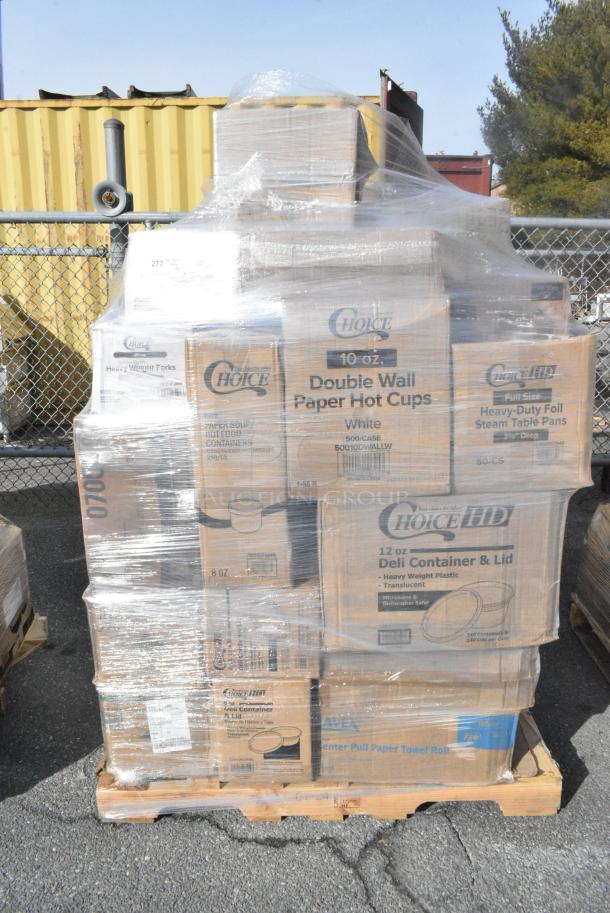 28 BRAND NEW! Boxes Including 130WHFORKH Choice White Heavy Weight Polystyrene Plastic Fork - 1000/Case, 760SOUP8WPA Choice 8 oz. White Double Poly-Coated Paper Food Cup with Vented Paper Lid - 250/Case, 50010DWALLW Choice 10 oz. White Smooth Double Wall Paper Hot Cup - 500/Case, 612605070HD Choice Full Size Heavy-Duty Foil Steam Table Pan Deep 3 3/8" Depth - 50/Case, 128HD12COMBO Choice Heavy Duty 12 oz. Microwavable Translucent Plastic Deli Container and Lid Combo Pack - 240/Case, 128HD8COMBO Choice Heavy Duty 8 oz. Microwavable Translucent Plastic Deli Container and Lid Combo Pack - 240/Case, 500CC9 Choice 9 oz. Clear PET Customizable Plastic Squat Cold Cup - 1000/Case, 500TW16S Choice 16 oz. Translucent Thin Wall Squat Plastic Cold Cup - 1000/Case. 28 Times Your Bid! - Image 1 of 14