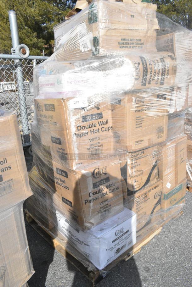 25 BRAND NEW! Boxes Including 130BKFKSNH Choice Black Heavy Weight Wrapped Plastic Cutlery Pack with Napkin - 500/Case, 433LSLCPIE Choice 5" Clear Hinged Slice Container with Low Dome Lid - 150/Case, 795PLAKFT4 EcoChoice Kraft PLA Lined Compostable #4 Take-Out Container 7 3/4" x 5 1/2" x 3 1/2" - 160/Case, 50010DWALLW Choice 10 oz. White Smooth Double Wall Paper Hot Cup - 500/Case, 500CC9 Choice 9 oz. Clear PET Customizable Plastic Squat Cold Cup - 1000/Case. 25 Times Your Bid! - Image 2 of 10
