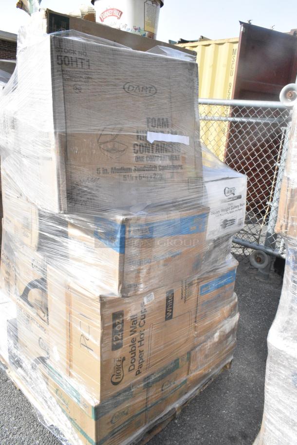25 BRAND NEW! Boxes Including 130BKFKSNH Choice Black Heavy Weight Wrapped Plastic Cutlery Pack with Napkin - 500/Case, 433LSLCPIE Choice 5" Clear Hinged Slice Container with Low Dome Lid - 150/Case, 795PLAKFT4 EcoChoice Kraft PLA Lined Compostable #4 Take-Out Container 7 3/4" x 5 1/2" x 3 1/2" - 160/Case, 50010DWALLW Choice 10 oz. White Smooth Double Wall Paper Hot Cup - 500/Case, 500CC9 Choice 9 oz. Clear PET Customizable Plastic Squat Cold Cup - 1000/Case. 25 Times Your Bid! - Image 3 of 10