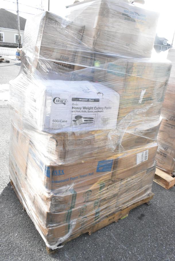 25 BRAND NEW! Boxes Including 130BKFKSNH Choice Black Heavy Weight Wrapped Plastic Cutlery Pack with Napkin - 500/Case, 433LSLCPIE Choice 5" Clear Hinged Slice Container with Low Dome Lid - 150/Case, 795PLAKFT4 EcoChoice Kraft PLA Lined Compostable #4 Take-Out Container 7 3/4" x 5 1/2" x 3 1/2" - 160/Case, 50010DWALLW Choice 10 oz. White Smooth Double Wall Paper Hot Cup - 500/Case, 500CC9 Choice 9 oz. Clear PET Customizable Plastic Squat Cold Cup - 1000/Case. 25 Times Your Bid! - Image 4 of 10