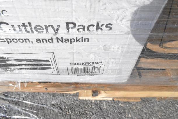 25 BRAND NEW! Boxes Including 130BKFKSNH Choice Black Heavy Weight Wrapped Plastic Cutlery Pack with Napkin - 500/Case, 433LSLCPIE Choice 5" Clear Hinged Slice Container with Low Dome Lid - 150/Case, 795PLAKFT4 EcoChoice Kraft PLA Lined Compostable #4 Take-Out Container 7 3/4" x 5 1/2" x 3 1/2" - 160/Case, 50010DWALLW Choice 10 oz. White Smooth Double Wall Paper Hot Cup - 500/Case, 500CC9 Choice 9 oz. Clear PET Customizable Plastic Squat Cold Cup - 1000/Case. 25 Times Your Bid! - Image 9 of 10