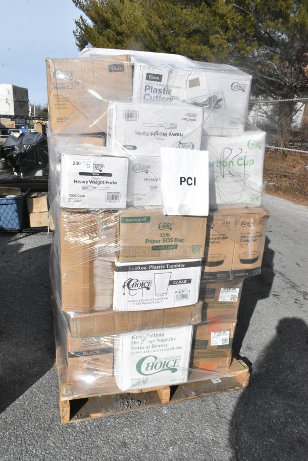 30 BRAND NEW! Boxes Including 433BR12BGC Choice 12 lb. Natural Kraft Paper Bag - 500/Case, 130WHFORKH Choice White Heavy Weight Polystyrene Plastic Fork - 1000/Case, 966TALLFLDN Choice Kraft Natural Tall-Fold 6" x 13" Dispenser Napkin - 8000/Case, 129MCR24B Choice 24 oz. Black Round Microwavable Heavy Weight Container with Lid 7 1/4" - 150/Case, CH12DEF Dart ClearPac SafeSeal 12 oz. Tamper-Resistant, Tamper-Evident Hinged Container with Flat Lid - 200/Case, 127P400C Choice 4 oz. Clear Plastic Souffle Cup / Portion Cup - 2500/Case, 500TW35 Choice 3.5 oz. Translucent Thin Wall Plastic Cold Cup - 2500/Case, 500TO963 Choice 9" x 6" x 3" Microwaveable 1-Compartment Black / Clear Plastic Hinged Container - 100/Case, 347TCL10 Choice 10 oz. Clear PET Plastic Cold Cup - 1000/Case, 760SOUP16PBL Choice 6 - 16 oz. Clear Plastic Soup / Food Cup Lid - 1000/Case, 128HD16COMBO Choice Heavy Duty 16 oz. Microwavable Translucent Plastic Deli Container and Lid Combo Pack - 240/Case, 127RDTFLBULK Choice Microwavable Translucent Customizable Recessed Fit Deli Lid - 500/Case. 30 Times Your Bid! - Image 1 of 19