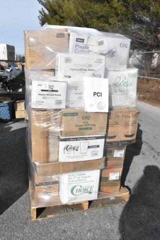30 BRAND NEW! Boxes Including 433BR12BGC Choice 12 lb. Natural Kraft Paper Bag - 500/Case, 130WHFORKH Choice White Heavy Weight Polystyrene Plastic Fork - 1000/Case, 966TALLFLDN Choice Kraft Natural Tall-Fold 6" x 13" Dispenser Napkin - 8000/Case, 129MCR24B Choice 24 oz. Black Round Microwavable Heavy Weight Container with Lid 7 1/4" - 150/Case, CH12DEF Dart ClearPac SafeSeal 12 oz. Tamper-Resistant, Tamper-Evident Hinged Container with Flat Lid - 200/Case, 127P400C Choice 4 oz. Clear Plastic Souffle Cup / Portion Cup - 2500/Case, 500TW35 Choice 3.5 oz. Translucent Thin Wall Plastic Cold Cup - 2500/Case, 500TO963 Choice 9" x 6" x 3" Microwaveable 1-Compartment Black / Clear Plastic Hinged Container - 100/Case, 347TCL10 Choice 10 oz. Clear PET Plastic Cold Cup - 1000/Case, 760SOUP16PBL Choice 6 - 16 oz. Clear Plastic Soup / Food Cup Lid - 1000/Case, 128HD16COMBO Choice Heavy Duty 16 oz. Microwavable Translucent Plastic Deli Container and Lid Combo Pack - 240/Case, 127RDTFLBULK Choice Microwavable Translucent Customizable Recessed Fit Deli Lid - 500/Case. 30 Times Your Bid!