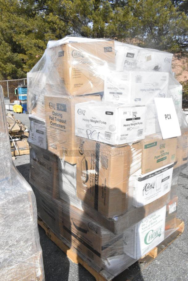 30 BRAND NEW! Boxes Including 433BR12BGC Choice 12 lb. Natural Kraft Paper Bag - 500/Case, 130WHFORKH Choice White Heavy Weight Polystyrene Plastic Fork - 1000/Case, 966TALLFLDN Choice Kraft Natural Tall-Fold 6" x 13" Dispenser Napkin - 8000/Case, 129MCR24B Choice 24 oz. Black Round Microwavable Heavy Weight Container with Lid 7 1/4" - 150/Case, CH12DEF Dart ClearPac SafeSeal 12 oz. Tamper-Resistant, Tamper-Evident Hinged Container with Flat Lid - 200/Case, 127P400C Choice 4 oz. Clear Plastic Souffle Cup / Portion Cup - 2500/Case, 500TW35 Choice 3.5 oz. Translucent Thin Wall Plastic Cold Cup - 2500/Case, 500TO963 Choice 9" x 6" x 3" Microwaveable 1-Compartment Black / Clear Plastic Hinged Container - 100/Case, 347TCL10 Choice 10 oz. Clear PET Plastic Cold Cup - 1000/Case, 760SOUP16PBL Choice 6 - 16 oz. Clear Plastic Soup / Food Cup Lid - 1000/Case, 128HD16COMBO Choice Heavy Duty 16 oz. Microwavable Translucent Plastic Deli Container and Lid Combo Pack - 240/Case, 127RDTFLBULK Choice Microwavable Translucent Customizable Recessed Fit Deli Lid - 500/Case. 30 Times Your Bid! - Image 2 of 19