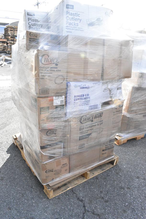 30 BRAND NEW! Boxes Including 433BR12BGC Choice 12 lb. Natural Kraft Paper Bag - 500/Case, 130WHFORKH Choice White Heavy Weight Polystyrene Plastic Fork - 1000/Case, 966TALLFLDN Choice Kraft Natural Tall-Fold 6" x 13" Dispenser Napkin - 8000/Case, 129MCR24B Choice 24 oz. Black Round Microwavable Heavy Weight Container with Lid 7 1/4" - 150/Case, CH12DEF Dart ClearPac SafeSeal 12 oz. Tamper-Resistant, Tamper-Evident Hinged Container with Flat Lid - 200/Case, 127P400C Choice 4 oz. Clear Plastic Souffle Cup / Portion Cup - 2500/Case, 500TW35 Choice 3.5 oz. Translucent Thin Wall Plastic Cold Cup - 2500/Case, 500TO963 Choice 9" x 6" x 3" Microwaveable 1-Compartment Black / Clear Plastic Hinged Container - 100/Case, 347TCL10 Choice 10 oz. Clear PET Plastic Cold Cup - 1000/Case, 760SOUP16PBL Choice 6 - 16 oz. Clear Plastic Soup / Food Cup Lid - 1000/Case, 128HD16COMBO Choice Heavy Duty 16 oz. Microwavable Translucent Plastic Deli Container and Lid Combo Pack - 240/Case, 127RDTFLBULK Choice Microwavable Translucent Customizable Recessed Fit Deli Lid - 500/Case. 30 Times Your Bid! - Image 4 of 19