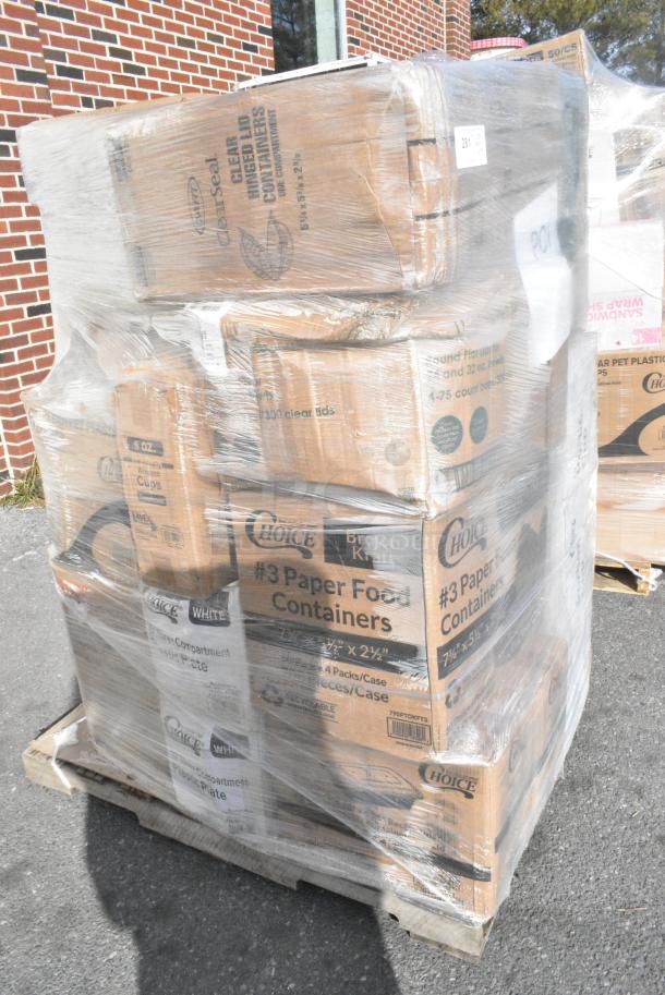 24 BRAND NEW! Boxes Including 394385XL Noble Products White Powder-Free Disposable Latex Gloves for Foodservice - Extra Large - 1000/Case, Dart 205HT1 White Foam Take Out Container with Perforated Hinged Lid 9" x 6" x 3" - 200/Case, 394345XL Noble NexGen Powder-Free Disposable Black Hybrid 3 Mil Thick Gloves - Extra Large - 1000/Case, 129MCS38B Choice 38 oz. Black Rectangular Microwavable Heavy Weight Container with Lid 8 3/4" x 6 1/4" x 2" - 150/Case, 760WY9LT Lavex 9 oz. Translucent, Individually Wrapped Cups - 1000/Case, 347BP10C3WH Choice 10 1/4" 3-Compartment White Plastic Plate - 500/Case, 500CC9 Choice 9 oz. Clear PET Customizable Plastic Squat Cold Cup - 1000/Case, 129MCS28B Black Microwavable Heavy Containeer with lid. 24 Times Your Bid! - Image 2 of 12
