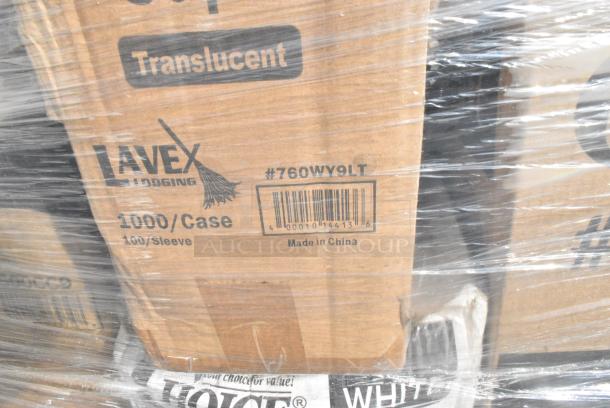 24 BRAND NEW! Boxes Including 394385XL Noble Products White Powder-Free Disposable Latex Gloves for Foodservice - Extra Large - 1000/Case, Dart 205HT1 White Foam Take Out Container with Perforated Hinged Lid 9" x 6" x 3" - 200/Case, 394345XL Noble NexGen Powder-Free Disposable Black Hybrid 3 Mil Thick Gloves - Extra Large - 1000/Case, 129MCS38B Choice 38 oz. Black Rectangular Microwavable Heavy Weight Container with Lid 8 3/4" x 6 1/4" x 2" - 150/Case, 760WY9LT Lavex 9 oz. Translucent, Individually Wrapped Cups - 1000/Case, 347BP10C3WH Choice 10 1/4" 3-Compartment White Plastic Plate - 500/Case, 500CC9 Choice 9 oz. Clear PET Customizable Plastic Squat Cold Cup - 1000/Case, 129MCS28B Black Microwavable Heavy Containeer with lid. 24 Times Your Bid! - Image 9 of 12