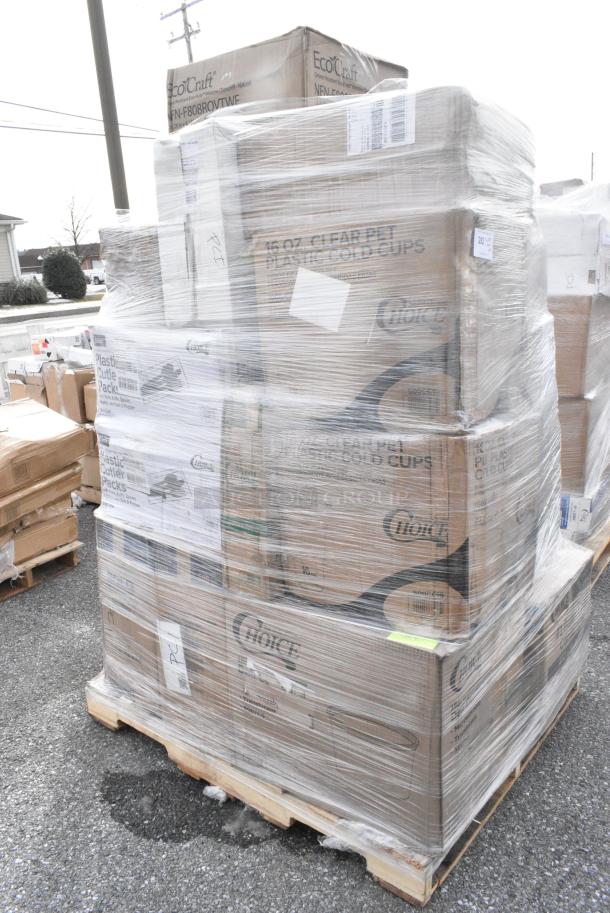 24 BRAND NEW! Boxes Including 795PTOBK4 Choice Black Microwavable Folded Paper #4 Take-Out Container 7 3/4" x 5 1/2" x 3 1/2" - 160/Case, 130BKFKSNSPX500 Choice Black Extra Heavy Weight Wrapped Polystyrene Plastic Cutlery Pack with Napkin and Salt and Pepper Packets - 500/Case, 129MCS242CB Choice 30 oz. Black 8 3/4" x 6" x 2 3/4" 2-Compartment Rectangular Microwavable Heavy Weight Container with Lid - 150/Case, 760TD24 Clear Solo Cups 24 oz, 500CC16 Choice Clear PET Customizable Plastic Cold Cup - 16 oz. - 1000/Case, 500CC32PHD Choice Heavy Duty 32 oz. Pedestal Heavy Weight Clear PET Plastic Cold Cup - 500/Case, 500LSTRWLW Choice 9, 12, 16, 20, and 24 oz. Clear Sip-Through Lid with Extra-Wide Opening - 1000/Case, 394365L Noble Products Powder-Free Disposable Clear Vinyl Gloves for Foodservice - Large - 1000/Case. 24 Times Your Bid! - Image 2 of 14