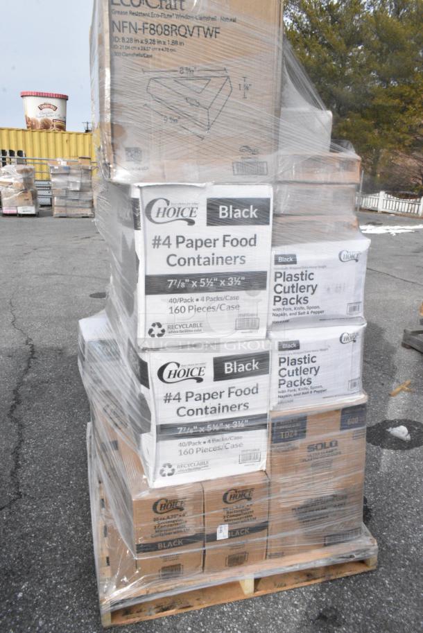 24 BRAND NEW! Boxes Including 795PTOBK4 Choice Black Microwavable Folded Paper #4 Take-Out Container 7 3/4" x 5 1/2" x 3 1/2" - 160/Case, 130BKFKSNSPX500 Choice Black Extra Heavy Weight Wrapped Polystyrene Plastic Cutlery Pack with Napkin and Salt and Pepper Packets - 500/Case, 129MCS242CB Choice 30 oz. Black 8 3/4" x 6" x 2 3/4" 2-Compartment Rectangular Microwavable Heavy Weight Container with Lid - 150/Case, 760TD24 Clear Solo Cups 24 oz, 500CC16 Choice Clear PET Customizable Plastic Cold Cup - 16 oz. - 1000/Case, 500CC32PHD Choice Heavy Duty 32 oz. Pedestal Heavy Weight Clear PET Plastic Cold Cup - 500/Case, 500LSTRWLW Choice 9, 12, 16, 20, and 24 oz. Clear Sip-Through Lid with Extra-Wide Opening - 1000/Case, 394365L Noble Products Powder-Free Disposable Clear Vinyl Gloves for Foodservice - Large - 1000/Case. 24 Times Your Bid! - Image 4 of 14
