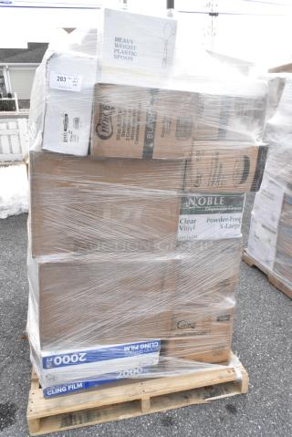 32 BRAND NEW! Boxes Including 128HD12COMBO Choice Heavy Duty 12 oz. Microwavable Translucent Plastic Deli Container and Lid Combo Pack - 240/Case, 394365XL Noble Products Powder-Free Disposable Clear Vinyl Gloves for Foodservice - Extra Large - 1000/Case, 50016W Choice White Poly Paper Hot Cup, 500TW5 Choice 5 oz. Translucent Thin Wall Plastic Cold Cup - 2500/Case, 129MCS242CB Choice 30 oz. Black 8 3/4" x 6" x 2 3/4" 2-Compartment Rectangular Microwavable Heavy Weight Container with Lid - 150/Case, 130GDSPN400Y Visions 6 1/2" Elegant Gold Heavy Weight Plastic Spoon - 400/Case, Lavex 502434816CL Lavex 56 Gallon 16 Micron 43" x 48" High Density Janitorial Can Liner / Trash Bag - 200/Case. 32 Times Your Bid!