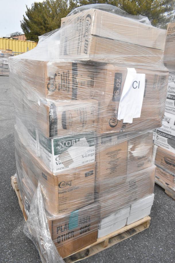32 BRAND NEW! Boxes Including 128HD12COMBO Choice Heavy Duty 12 oz. Microwavable Translucent Plastic Deli Container and Lid Combo Pack - 240/Case, 394365XL Noble Products Powder-Free Disposable Clear Vinyl Gloves for Foodservice - Extra Large - 1000/Case, 50016W Choice White Poly Paper Hot Cup, 500TW5 Choice 5 oz. Translucent Thin Wall Plastic Cold Cup - 2500/Case, 129MCS242CB Choice 30 oz. Black 8 3/4" x 6" x 2 3/4" 2-Compartment Rectangular Microwavable Heavy Weight Container with Lid - 150/Case, 130GDSPN400Y Visions 6 1/2" Elegant Gold Heavy Weight Plastic Spoon - 400/Case, Lavex 502434816CL Lavex 56 Gallon 16 Micron 43" x 48" High Density Janitorial Can Liner / Trash Bag - 200/Case. 32 Times Your Bid! - Image 4 of 12
