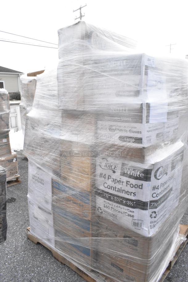 30 BRAND NEW! Boxes Including 130WWHSSPOONHW Choice White Heavy Weight Wrapped Polystyrene Plastic Soup Spoon - 1000/Case, 612605070 Choice Full Size Foil Steam Table Pan Deep 3 3/8" Depth - Full Size Deep - 50/Case, 760SOUP8WB Choice 8 oz. White Double Poly-Coated Paper Food Cup - 1000/Case, 347TCL10 Choice 10 oz. Clear Disposable Plastic Tumbler - 500/Case, 394345M Noble NexGen Powder-Free Disposable Black Hybrid 3 Mil Thick Gloves - Medium - 1000/Case, 795PTOWHT4 Choice White Microwavable Folded Paper #4 Take-Out Container 7 3/4" x 5 1/2" x 3 1/2" - 160/Case, 966TALLFLDB Choice White Tall-Fold 6" x 13" Dispenser Napkin - 8000/Case. 30 Times Your Bid! - Image 2 of 11
