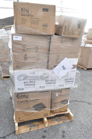 28 BRAND NEW! Boxes Including 500TO10103 Choice 10" x 10" x 3" Microwaveable 1-Compartment Black / Clear Plastic Hinged Container - 100/Case, 795PTOKFT3 Choice Kraft Microwavable Folded Paper #3 Take-Out Container 7 3/4" x 5 1/2" x 2 1/2" - 200/Case, 460164, 500TO10103 Choice 10" x 10" x 3" Microwaveable 3-Compartment Black / Clear Plastic Hinged Container - 100/Case, 395TO961 EcoChoice 9" x 6" x 3" No PFAS Added Natural Bagasse Blend Take-Out Container - 200/Case, 127PL2 Choice PET Plastic Lid for 1.5 to 2.5 oz. Souffle Cup / Portion Cup - 2500/Case. 28 Times Your Bid!