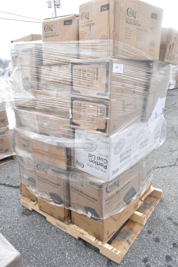 28 BRAND NEW! Boxes Including 500TO10103 Choice 10" x 10" x 3" Microwaveable 1-Compartment Black / Clear Plastic Hinged Container - 100/Case, 795PTOKFT3 Choice Kraft Microwavable Folded Paper #3 Take-Out Container 7 3/4" x 5 1/2" x 2 1/2" - 200/Case, 460164, 500TO10103 Choice 10" x 10" x 3" Microwaveable 3-Compartment Black / Clear Plastic Hinged Container - 100/Case, 395TO961 EcoChoice 9" x 6" x 3" No PFAS Added Natural Bagasse Blend Take-Out Container - 200/Case, 127PL2 Choice PET Plastic Lid for 1.5 to 2.5 oz. Souffle Cup / Portion Cup - 2500/Case. 28 Times Your Bid! - Image 2 of 11