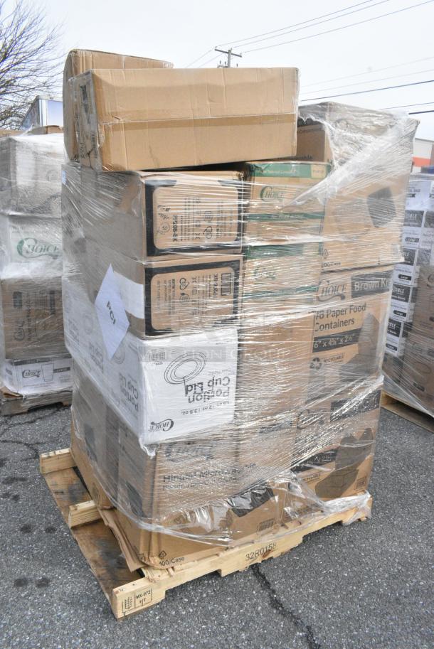 28 BRAND NEW! Boxes Including 500TO10103 Choice 10" x 10" x 3" Microwaveable 1-Compartment Black / Clear Plastic Hinged Container - 100/Case, 795PTOKFT3 Choice Kraft Microwavable Folded Paper #3 Take-Out Container 7 3/4" x 5 1/2" x 2 1/2" - 200/Case, 460164, 500TO10103 Choice 10" x 10" x 3" Microwaveable 3-Compartment Black / Clear Plastic Hinged Container - 100/Case, 395TO961 EcoChoice 9" x 6" x 3" No PFAS Added Natural Bagasse Blend Take-Out Container - 200/Case, 127PL2 Choice PET Plastic Lid for 1.5 to 2.5 oz. Souffle Cup / Portion Cup - 2500/Case. 28 Times Your Bid! - Image 3 of 11