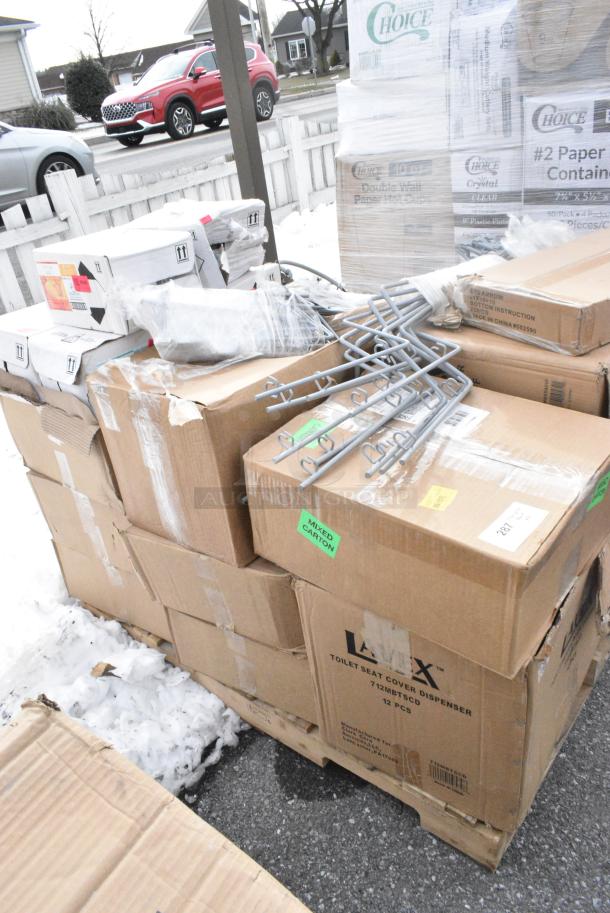 16 BRAND NEW! Boxes Including Lavex 712MBSD40HL Lavex Soap Dispenser, S2G ARROW 21x19+10, 712MBTSCD Lavex Toilet Seat Dispenser, F-Matic Aroma 3000 AE300N Ripe Mango Scent Metered Air Freshener Dry Spray Refill - 12/Case, 127SB24COMBO Choice 24 oz. Clear Plastic Salad Bowl with Lid - 150/Case. 16 Times Your Bid! - Image 2 of 9