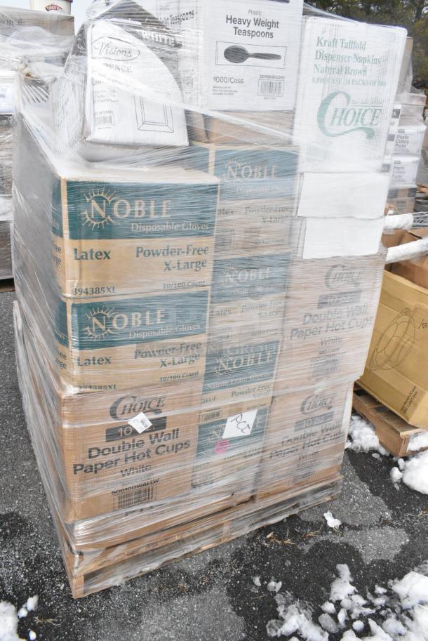 30 BRAND NEW! Boxes Including 130WBKSPOONH Choice Black Heavy Weight Wrapped Polystyrene Plastic Teaspoon - 1000/Case, 6 Box 394385XL Noble Products White Powder-Free Disposable Latex Gloves for Foodservice - Extra Large - 1000/Case, 50010DWALLW Choice 10 oz. White Smooth Double Wall Paper Hot Cup - 500/Case, 966TALLFLDN Choice Kraft Natural Tall-Fold 6" x 13" Dispenser Napkin - 8000/Case, 500CC12 Choice Clear PET Customizable Plastic Cold Cup - 12 oz. - 1000/Case, 5001RT800N Lavex 8" Natural Kraft Hardwound Paper Towel, 800 Feet / Roll - 6/Case. 30 Times Your Bid! - Image 4 of 11