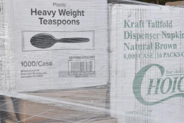 30 BRAND NEW! Boxes Including 130WBKSPOONH Choice Black Heavy Weight Wrapped Polystyrene Plastic Teaspoon - 1000/Case, 6 Box 394385XL Noble Products White Powder-Free Disposable Latex Gloves for Foodservice - Extra Large - 1000/Case, 50010DWALLW Choice 10 oz. White Smooth Double Wall Paper Hot Cup - 500/Case, 966TALLFLDN Choice Kraft Natural Tall-Fold 6" x 13" Dispenser Napkin - 8000/Case, 500CC12 Choice Clear PET Customizable Plastic Cold Cup - 12 oz. - 1000/Case, 5001RT800N Lavex 8" Natural Kraft Hardwound Paper Towel, 800 Feet / Roll - 6/Case. 30 Times Your Bid! - Image 5 of 11