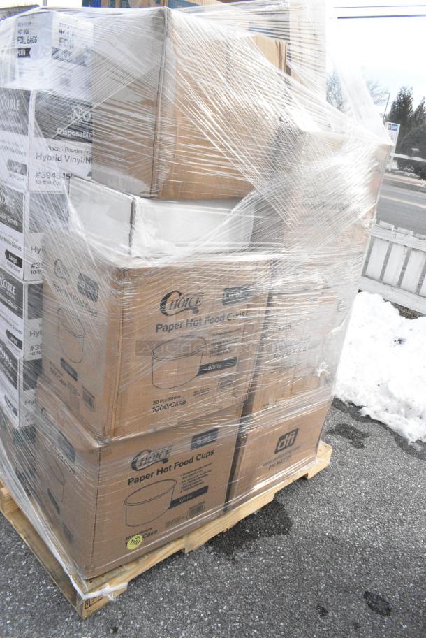 24 BRAND NEW! Boxes Including 2 Box 760SOUP6KB Choice 6 oz. Kraft Poly-Coated Paper Food Cup - 1000/Case, 2 Box 50010DWALLW Choice 10 oz. White Smooth Double Wall Paper Hot Cup - 500/Case, 128HD8COMBO Choice Heavy Duty 8 oz. Microwavable Translucent Plastic Deli Container and Lid Combo Pack - 240/Case, 795PTOBK2 Choice Black Microwavable Folded Paper #2 Take-Out Container 7 3/4" x 5 1/2" x 1 7/8" - 200/Case, 394345L Noble NexGen Powder-Free Disposable Black Hybrid 3 Mil Thick Gloves - Large - 1000/Case. 24 Times Your Bid! - Image 3 of 15