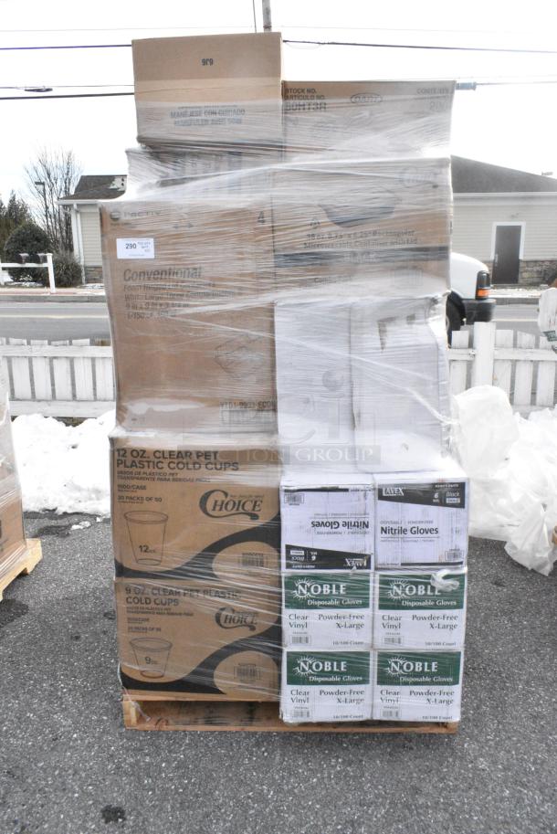 32 BRAND NEW! Boxes Including 4 Box 394365XL Noble Products Powder-Free Disposable Clear Vinyl Gloves for Foodservice - Extra Large - 1000/Case, 500CC12 Choice Clear PET Customizable Plastic Cold Cup - 12 oz. - 1000/Case, 500CC9 Choice 9 oz. Clear PET Customizable Plastic Squat Cold Cup - 1000/Case, 129MCS38B Choice 38 oz. Black Rectangular Microwavable Heavy Weight Container with Lid 8 3/4" x 6 1/4" x 2" - 150/Case, 3946100S Lavex Pro Nitrile Black 6 Mil Heavy-Duty Powder-Free Textured Gloves - Small - 1000/Case, Dart 80HT3R 8" x 7 1/2" x 2" White Foam Three-Compartment Square Take Out Container with Hinged Lid - 200/Case, 127RD8BULK Choice 8 oz. Customizable Microwavable Translucent Round Deli Container - 500/Case. 32 Times Your Bid! - Image 1 of 13