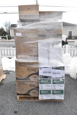 32 BRAND NEW! Boxes Including 4 Box 394365XL Noble Products Powder-Free Disposable Clear Vinyl Gloves for Foodservice - Extra Large - 1000/Case, 500CC12 Choice Clear PET Customizable Plastic Cold Cup - 12 oz. - 1000/Case, 500CC9 Choice 9 oz. Clear PET Customizable Plastic Squat Cold Cup - 1000/Case, 129MCS38B Choice 38 oz. Black Rectangular Microwavable Heavy Weight Container with Lid 8 3/4" x 6 1/4" x 2" - 150/Case, 3946100S Lavex Pro Nitrile Black 6 Mil Heavy-Duty Powder-Free Textured Gloves - Small - 1000/Case, Dart 80HT3R 8" x 7 1/2" x 2" White Foam Three-Compartment Square Take Out Container with Hinged Lid - 200/Case, 127RD8BULK Choice 8 oz. Customizable Microwavable Translucent Round Deli Container - 500/Case. 32 Times Your Bid!