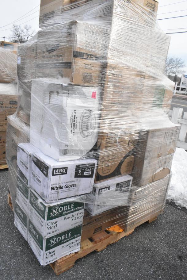 32 BRAND NEW! Boxes Including 4 Box 394365XL Noble Products Powder-Free Disposable Clear Vinyl Gloves for Foodservice - Extra Large - 1000/Case, 500CC12 Choice Clear PET Customizable Plastic Cold Cup - 12 oz. - 1000/Case, 500CC9 Choice 9 oz. Clear PET Customizable Plastic Squat Cold Cup - 1000/Case, 129MCS38B Choice 38 oz. Black Rectangular Microwavable Heavy Weight Container with Lid 8 3/4" x 6 1/4" x 2" - 150/Case, 3946100S Lavex Pro Nitrile Black 6 Mil Heavy-Duty Powder-Free Textured Gloves - Small - 1000/Case, Dart 80HT3R 8" x 7 1/2" x 2" White Foam Three-Compartment Square Take Out Container with Hinged Lid - 200/Case, 127RD8BULK Choice 8 oz. Customizable Microwavable Translucent Round Deli Container - 500/Case. 32 Times Your Bid! - Image 2 of 13