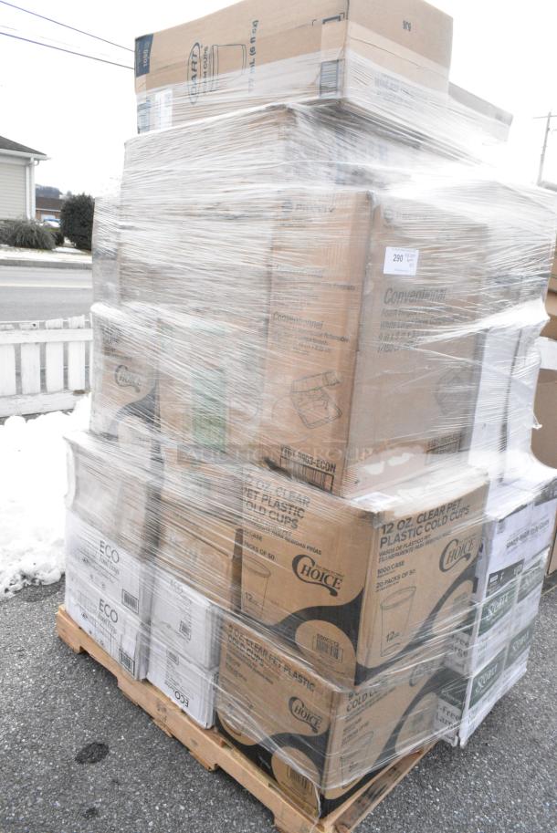32 BRAND NEW! Boxes Including 4 Box 394365XL Noble Products Powder-Free Disposable Clear Vinyl Gloves for Foodservice - Extra Large - 1000/Case, 500CC12 Choice Clear PET Customizable Plastic Cold Cup - 12 oz. - 1000/Case, 500CC9 Choice 9 oz. Clear PET Customizable Plastic Squat Cold Cup - 1000/Case, 129MCS38B Choice 38 oz. Black Rectangular Microwavable Heavy Weight Container with Lid 8 3/4" x 6 1/4" x 2" - 150/Case, 3946100S Lavex Pro Nitrile Black 6 Mil Heavy-Duty Powder-Free Textured Gloves - Small - 1000/Case, Dart 80HT3R 8" x 7 1/2" x 2" White Foam Three-Compartment Square Take Out Container with Hinged Lid - 200/Case, 127RD8BULK Choice 8 oz. Customizable Microwavable Translucent Round Deli Container - 500/Case. 32 Times Your Bid! - Image 3 of 13