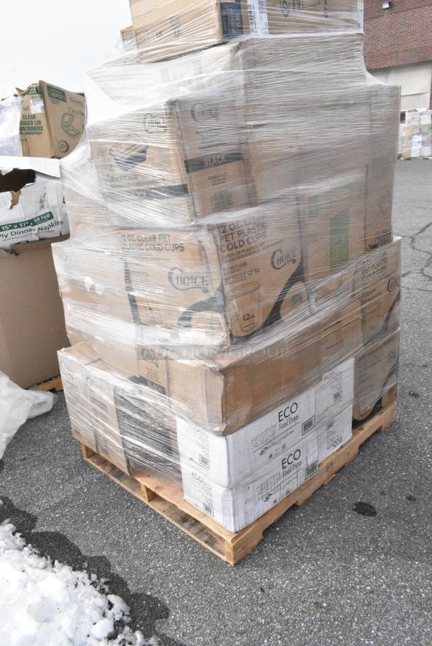 32 BRAND NEW! Boxes Including 4 Box 394365XL Noble Products Powder-Free Disposable Clear Vinyl Gloves for Foodservice - Extra Large - 1000/Case, 500CC12 Choice Clear PET Customizable Plastic Cold Cup - 12 oz. - 1000/Case, 500CC9 Choice 9 oz. Clear PET Customizable Plastic Squat Cold Cup - 1000/Case, 129MCS38B Choice 38 oz. Black Rectangular Microwavable Heavy Weight Container with Lid 8 3/4" x 6 1/4" x 2" - 150/Case, 3946100S Lavex Pro Nitrile Black 6 Mil Heavy-Duty Powder-Free Textured Gloves - Small - 1000/Case, Dart 80HT3R 8" x 7 1/2" x 2" White Foam Three-Compartment Square Take Out Container with Hinged Lid - 200/Case, 127RD8BULK Choice 8 oz. Customizable Microwavable Translucent Round Deli Container - 500/Case. 32 Times Your Bid! - Image 4 of 13