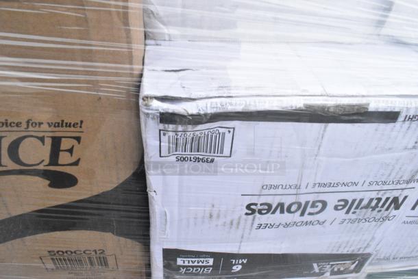 32 BRAND NEW! Boxes Including 4 Box 394365XL Noble Products Powder-Free Disposable Clear Vinyl Gloves for Foodservice - Extra Large - 1000/Case, 500CC12 Choice Clear PET Customizable Plastic Cold Cup - 12 oz. - 1000/Case, 500CC9 Choice 9 oz. Clear PET Customizable Plastic Squat Cold Cup - 1000/Case, 129MCS38B Choice 38 oz. Black Rectangular Microwavable Heavy Weight Container with Lid 8 3/4" x 6 1/4" x 2" - 150/Case, 3946100S Lavex Pro Nitrile Black 6 Mil Heavy-Duty Powder-Free Textured Gloves - Small - 1000/Case, Dart 80HT3R 8" x 7 1/2" x 2" White Foam Three-Compartment Square Take Out Container with Hinged Lid - 200/Case, 127RD8BULK Choice 8 oz. Customizable Microwavable Translucent Round Deli Container - 500/Case. 32 Times Your Bid! - Image 7 of 13