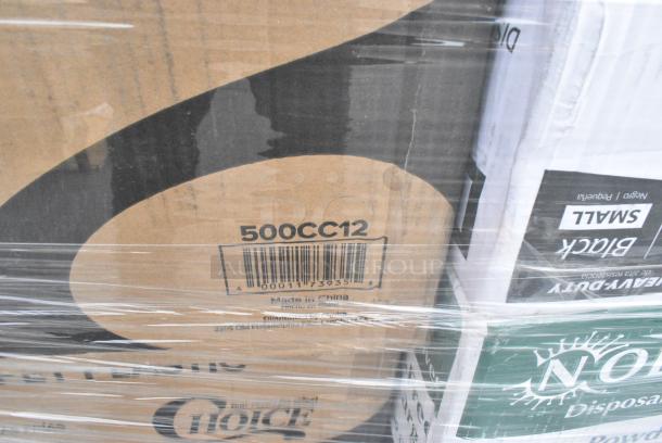 32 BRAND NEW! Boxes Including 4 Box 394365XL Noble Products Powder-Free Disposable Clear Vinyl Gloves for Foodservice - Extra Large - 1000/Case, 500CC12 Choice Clear PET Customizable Plastic Cold Cup - 12 oz. - 1000/Case, 500CC9 Choice 9 oz. Clear PET Customizable Plastic Squat Cold Cup - 1000/Case, 129MCS38B Choice 38 oz. Black Rectangular Microwavable Heavy Weight Container with Lid 8 3/4" x 6 1/4" x 2" - 150/Case, 3946100S Lavex Pro Nitrile Black 6 Mil Heavy-Duty Powder-Free Textured Gloves - Small - 1000/Case, Dart 80HT3R 8" x 7 1/2" x 2" White Foam Three-Compartment Square Take Out Container with Hinged Lid - 200/Case, 127RD8BULK Choice 8 oz. Customizable Microwavable Translucent Round Deli Container - 500/Case. 32 Times Your Bid! - Image 8 of 13