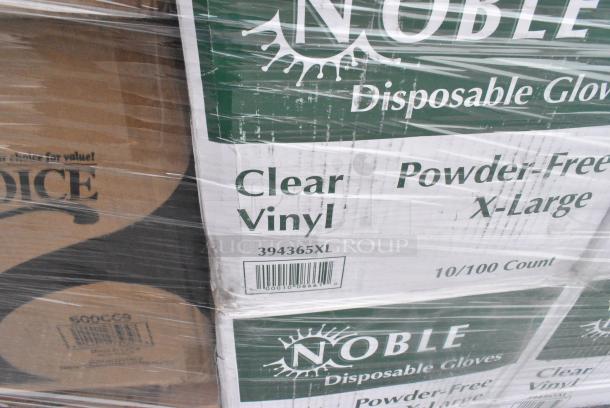 32 BRAND NEW! Boxes Including 4 Box 394365XL Noble Products Powder-Free Disposable Clear Vinyl Gloves for Foodservice - Extra Large - 1000/Case, 500CC12 Choice Clear PET Customizable Plastic Cold Cup - 12 oz. - 1000/Case, 500CC9 Choice 9 oz. Clear PET Customizable Plastic Squat Cold Cup - 1000/Case, 129MCS38B Choice 38 oz. Black Rectangular Microwavable Heavy Weight Container with Lid 8 3/4" x 6 1/4" x 2" - 150/Case, 3946100S Lavex Pro Nitrile Black 6 Mil Heavy-Duty Powder-Free Textured Gloves - Small - 1000/Case, Dart 80HT3R 8" x 7 1/2" x 2" White Foam Three-Compartment Square Take Out Container with Hinged Lid - 200/Case, 127RD8BULK Choice 8 oz. Customizable Microwavable Translucent Round Deli Container - 500/Case. 32 Times Your Bid! - Image 9 of 13