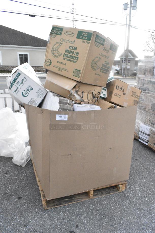 20 BRAND NEW! Boxes Including Dart C90PST1 ClearSeal Hinged Lid Plastic Container 8 1/4" x 8 1/4" x 3" - 250/Case, 5002DNAP Choice 15" x 17" Ecru / Ivory Customizable 2-Ply Paper Dinner Napkin - 1000/Case, 5002BNAPWH Choice 2-Ply White Beverage / Cocktail Napkin - 3000/Case, 500TSCOVER Lavex Half Fold Paper Toilet Seat Cover - 5000/Case, 5001RT80010B Lavex 10" White Hardwound Paper Towel, 800 Feet / Roll - 6/Case, 500CC24 24 oz. Plastic Cold Cup - Designed for Use Without Lids - 600/Case. 20 Times Your Bid! - Image 1 of 12