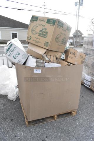 20 BRAND NEW! Boxes Including Dart C90PST1 ClearSeal Hinged Lid Plastic Container 8 1/4" x 8 1/4" x 3" - 250/Case, 5002DNAP Choice 15" x 17" Ecru / Ivory Customizable 2-Ply Paper Dinner Napkin - 1000/Case, 5002BNAPWH Choice 2-Ply White Beverage / Cocktail Napkin - 3000/Case, 500TSCOVER Lavex Half Fold Paper Toilet Seat Cover - 5000/Case, 5001RT80010B Lavex 10" White Hardwound Paper Towel, 800 Feet / Roll - 6/Case, 500CC24 24 oz. Plastic Cold Cup - Designed for Use Without Lids - 600/Case. 20 Times Your Bid!