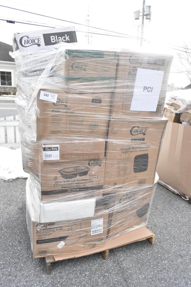 30 BRAND NEW! Boxes Including 500TW7 Choice Thin Wall Plastic Cold Cup, 760SOUP16WPA Choice 16 oz. White Double Poly-Coated Paper Food Cup with Vented Paper Lid - 250/Case, 347RP9CL Visions 9" Clear Plastic Plate - 240/Case, 129MCS38B Choice 38 oz. Black Rectangular Microwavable Heavy Weight Container with Lid 8 3/4" x 6 1/4" x 2" - 150/Case, 395RP09 EcoChoice No PFAS Added Bamboo / Bagasse Blend 9" Plate - 500/Case, 795PTOKFT1 Choice Kraft Microwavable Folded Paper #1 Take-Out Container 4 3/8" x 3 1/2" x 2 1/2" - 450/Case, 129MCS323CB Choice 36 oz. Black 9 3/4" x 7 1/4" x 2" 3-Compartment Rectangular Microwavable Heavy Weight Container with Lid - 150/Case, 485WB9NEON 9" BOBA STRAWS 400/PK 4/CS, 129MCS323CB Choice 36 oz. Black 9 3/4" x 7 1/4" x 2" 3-Compartment Rectangular Microwavable Heavy Weight Container with Lid - 150/Case, 500TO10103 Choice 10" x 10" x 3" Microwaveable 1-Compartment Black / Clear Plastic Hinged Container - 100/Case, 795PTOBK2 Choice Black Microwavable Folded Paper #2 Take-Out Container 7 3/4" x 5 1/2" x 1 7/8" - 200/Case, 500TW5 Choice 5 oz. Translucent Thin Wall Plastic Cold Cup - 2500/Case, 5002BNAPGY Choice Silver / Gray 2-Ply Beverage / Cocktail Napkin - 1000/Case. 30 Times Your Bid! - Image 1 of 16