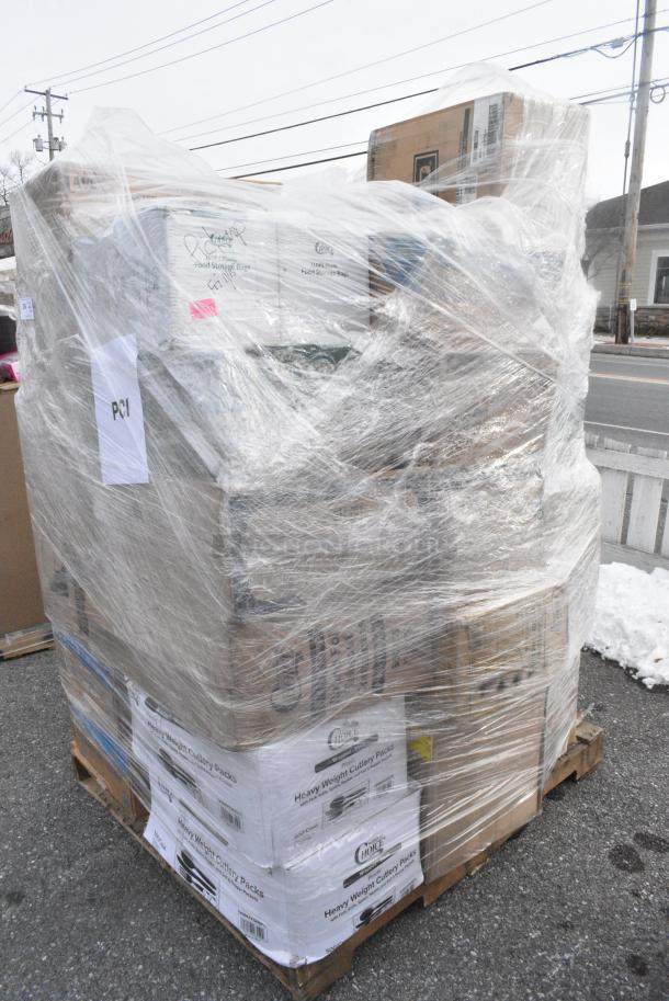 34 BRAND NEW! Boxes Including 394345M Noble NexGen Powder-Free Disposable Black Hybrid 3 Mil Thick Gloves - Medium - 1000/Case, 394405XL Noble Products Powder-Free Disposable Blue Vinyl Gloves for Foodservice - Extra Large - 1000/Case, 5008PLAWHT EcoChoice 8 oz. Tall Leaf Print Compostable Paper Hot Cup - 1000/Case, 127DM16BULK Choice 16 oz. Ultra Clear Recycled PET Plastic Round Deli Container - 500/Case, 130BKFKSNSPH Choice Black Heavy Weight Wrapped Polystyrene Plastic Cutlery Pack with Napkin and Salt and Pepper Packets - 500/Case, 128HD32COMBO Choice Heavy Duty Deli Container, 129MCR32B Choice 32 oz. Black Round Microwavable Heavy Weight Container with Lid 7 1/4" - 150/Case. 34 Times Your Bid! - Image 3 of 14