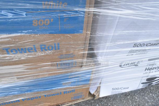 34 BRAND NEW! Boxes Including 394345M Noble NexGen Powder-Free Disposable Black Hybrid 3 Mil Thick Gloves - Medium - 1000/Case, 394405XL Noble Products Powder-Free Disposable Blue Vinyl Gloves for Foodservice - Extra Large - 1000/Case, 5008PLAWHT EcoChoice 8 oz. Tall Leaf Print Compostable Paper Hot Cup - 1000/Case, 127DM16BULK Choice 16 oz. Ultra Clear Recycled PET Plastic Round Deli Container - 500/Case, 130BKFKSNSPH Choice Black Heavy Weight Wrapped Polystyrene Plastic Cutlery Pack with Napkin and Salt and Pepper Packets - 500/Case, 128HD32COMBO Choice Heavy Duty Deli Container, 129MCR32B Choice 32 oz. Black Round Microwavable Heavy Weight Container with Lid 7 1/4" - 150/Case. 34 Times Your Bid! - Image 10 of 14