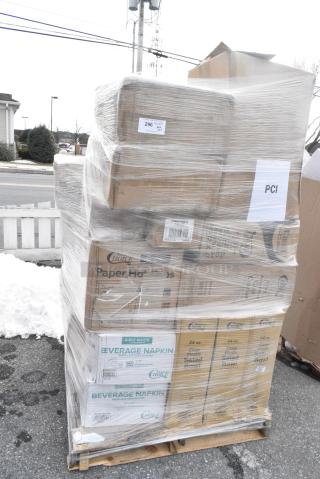 32 BRAND NEW! Boxes Including 128HD12COMBO Choice Heavy Duty 12 oz. Microwavable Translucent Plastic Deli Container and Lid Combo Pack - 240/Case, 433CARRIER4 Choice Pulp Fiber 4 Cup Carrier - 300/Case, 5008CAFE Choice 8 oz. Tall Cafe Print Poly Paper Hot Cup - 1000/Case, 5002BNAPWH Choice 2-Ply White Beverage / Cocktail Napkin - 3000/Case, 186CVB812 Choice 8" x 12" Chamber Vacuum Packaging Pouches / Bags 3 Mil - 1000/Case, 500CC32P Choice Clear PET Plastic Cold Cup, 127SB24COMBO Choice Clear PET Plastic Cold Cup - 32 oz. - 500/Case, 129MCR32B Choice 32 oz. Black Round Microwavable Heavy Weight Container with Lid 7 1/4" - 150/Case, 485UJ7BK Choice 7 3/4" Jumbo Black Unwrapped Straw - 5000/Case. 32 Times Your Bid!