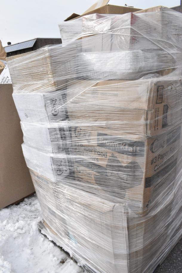 32 BRAND NEW! Boxes Including 128HD12COMBO Choice Heavy Duty 12 oz. Microwavable Translucent Plastic Deli Container and Lid Combo Pack - 240/Case, 433CARRIER4 Choice Pulp Fiber 4 Cup Carrier - 300/Case, 5008CAFE Choice 8 oz. Tall Cafe Print Poly Paper Hot Cup - 1000/Case, 5002BNAPWH Choice 2-Ply White Beverage / Cocktail Napkin - 3000/Case, 186CVB812 Choice 8" x 12" Chamber Vacuum Packaging Pouches / Bags 3 Mil - 1000/Case, 500CC32P Choice Clear PET Plastic Cold Cup, 127SB24COMBO Choice Clear PET Plastic Cold Cup - 32 oz. - 500/Case, 129MCR32B Choice 32 oz. Black Round Microwavable Heavy Weight Container with Lid 7 1/4" - 150/Case, 485UJ7BK Choice 7 3/4" Jumbo Black Unwrapped Straw - 5000/Case. 32 Times Your Bid! - Image 4 of 13