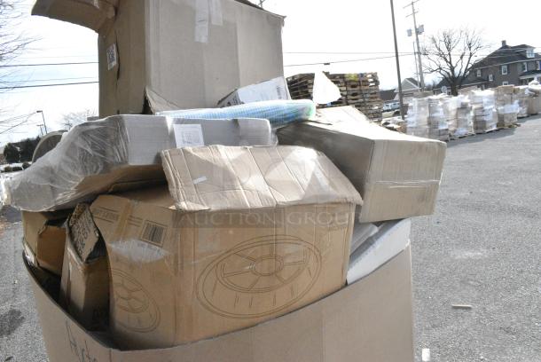 30 BRAND NEW Boxes Including 2 Box 612PIEBL10DEEP Baker's Lane 9 5/8" x 1 3/16" Deep Foil Pie Pan - 500/Case, 3493042TCB Lancaster Table & Seating 30" x 42" Laminated Rectangular Table Top Reversible Cherry / Black, 1200-35 1/4 Sheet Cake Pans, 164TS1800 Lancaster Table & Seating 18" Cast Iron Table Base Spider, 245CB18WHITE Choice 18" x 18" x 2" White Customizable Corrugated Plain Pizza Box - 50/Bundle. 30 Times Your Bid! - Image 5 of 13
