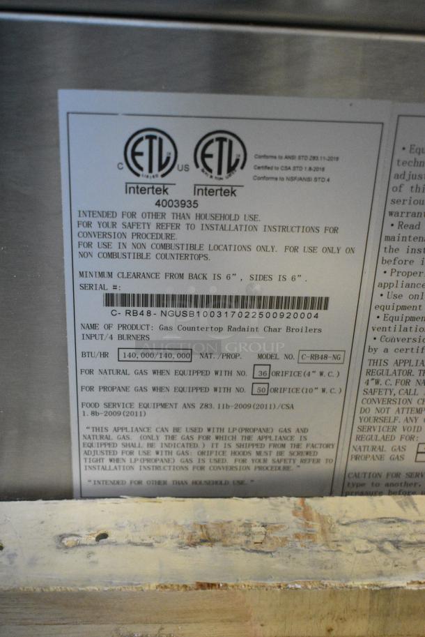 BRAND NEW SCRATCH AND DENT! 2023 Migali C-RC48 Stainless Steel Commercial Countertop Gas Powered Charbroiler Grill. Serial C-RB48-NGUSB100317022500920004. - Image 11 of 11