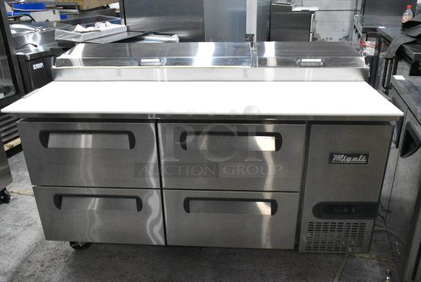BRAND NEW SCRATCH AND DENT! 2024 Migali C-PP44-D-HC Stainless Steel Commercial Pizza Prep Table w/ 4 Drawers on Commercial Casters. 115 Volts, 1 Phase. Serial C-PP67-HCT03230814092T0036. Tested and Working! - Image 1 of 14