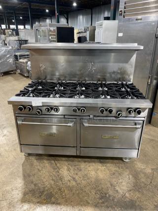 Garland Commercial Stainless Steel Natural Gas Powered 10 Burner Range & Double Oven Combo! With Back Splash & Overhead Salamander Shelf! With Wire Oven Racks! On Casters!