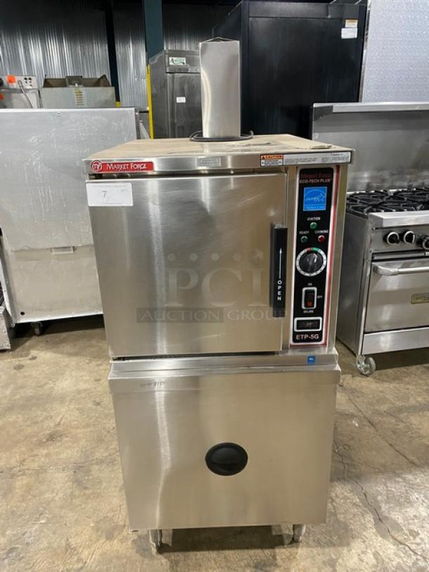 Market Forge Eco-Tech Plus Series Commercial Stainless Steel Natural Gas Powered Single Compartment Convection Steamer! Energy Star Certified! With Built In Pan Holding Rack! Model: ETP-5G SN: 76236-11CC-5518! 120V 1 Phase! On Legs! - Image 1 of 10