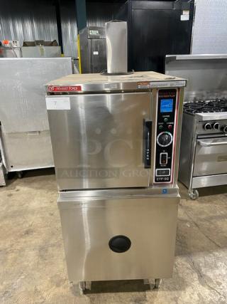 Market Forge Eco-Tech Plus Series Commercial Stainless Steel Natural Gas Powered Single Compartment Convection Steamer! Energy Star Certified! With Built In Pan Holding Rack! Model: ETP-5G SN: 76236-11CC-5518! 120V 1 Phase! On Legs!